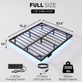 qimamo 14 Inch Floating Full Bed Frame with Smart LED Lights and Charging Station, Modern Metal Full Bed Frame, Easy to Assemble, No Box Spring Needed (Full)