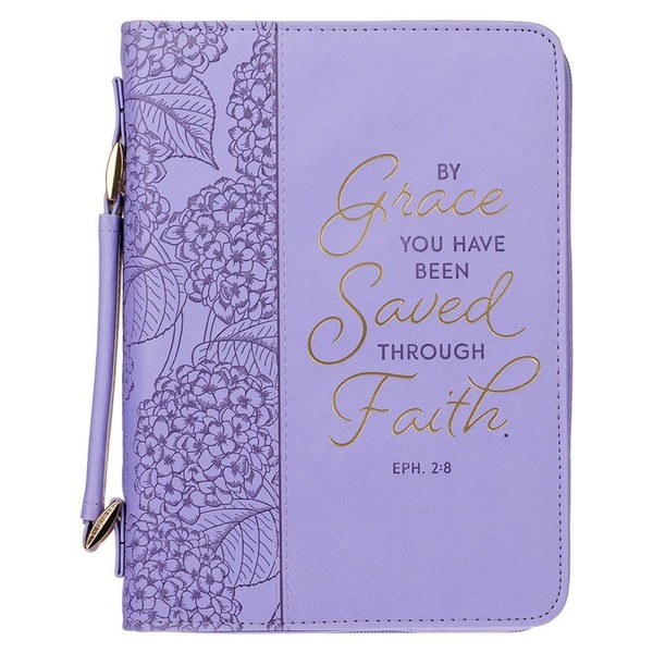 Christian Art Gifts Faux Leather Fashion Bible Cover for Women: by Grace You Have Been Saved - Ephesians 2:8 Inspirational Bible Verse, Hydrangea Lavender-Purple, Large