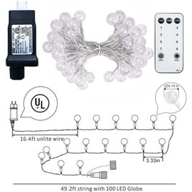 BAILONGJU Globe String Lights 49.2 Feet 100 LED, Plug in Crystal Fairy String Lights with Remote Timer, 8 Modes Indoor Outdoor Hanging Globe Lights for Wedding Bedroom Classroom Patio Garden