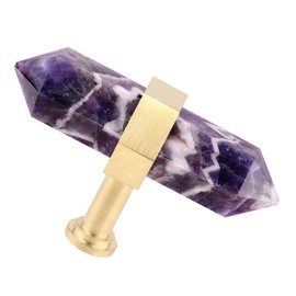 Amogeeli 2pcs Faceted Amethyst Crystal Cabinet Knobs with Screws, T Bar Brushed Brass Decorative Stone Drawer Pull Handles Set for Closet Dresser Cupboard