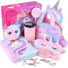 Unicorns Gifts for Girls 3 4 5 6 7 8 9 10+ Years Old with Unicorns Handbag Purse/Diary with Lock/Headband/Eye Mask/Water Bottle, Kids Unicorns Toy Soft Plush Toys Set for Birthday Gifts Christmas