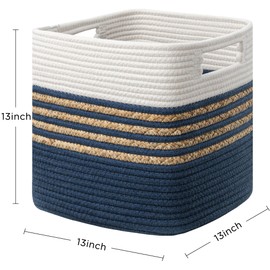 UBBCARE Set of 4 Storage Cubes 13 X 13 X 13 in, Water Hyacinth Storage Bins for Shelves, Toys, Book, Storage Baskets with Handles, Cotton Rope Woven Baskets for Organizing, Navy Blue