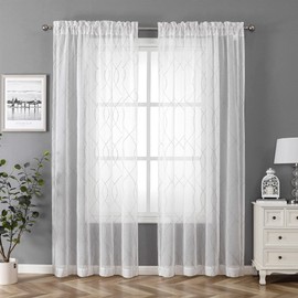 VISIONTEX Moroccan White Voile Sheer Window Curtains Panels, Grey Dots Patterned Semi Embroidery Faux Linen Rod Pocket Window Treatment Drapes for Living Room 54 x 72 Inch, Set of 2