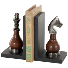 Deco 79 Aluminum Metal Chess Decorative Bookends Non Skid Bookends with Aluminum Accents, Set of 2 Office Bookends4 W, 7" H, Black