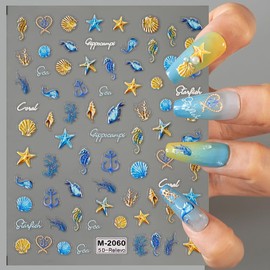 Gold Seashell Starfish Nail Stickers Summer Blue Whale Hippocampus Nail Art Stickers 5D Embossed Self-Adhesive Ocean Theme Nail Decals Cute Marine Life Nail Designs Supplies for Women Girls Nail Art
