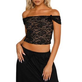 Women's Black Off Shoulder Crop Top See Through Lace Tee Shirt Blouse Backless Bodycon Corset T-Shirt Streetwear