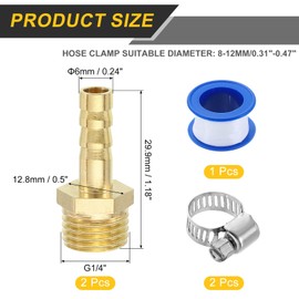 uxcell 2Pcs Brass Hose Barb Fittings, 1/4" Barb x G1/4" Male Thread Hose Connector with Hose Clamps for Water Fuel Gas Oil Transportation and Pipeline Maintenance
