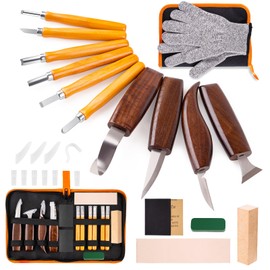 Wood Carving Tools Kit for Beginners, 4 Knives, 6 Chisels, Leather Strop, Wax, Sandpaper, Basswood & Safety Gloves - Complete Starter Set with Storage Bag, Whittling Tool Kit for DIY Woodworking