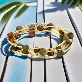 MetJakt Handmade Women's Stretch Bracelet Multi-Strand Coloured 8MM Gemstones Tahitian Pearls Austrian Crystal Perfect Touch of Colour for Any Outfit Extraordinary Colour Explosion (5 WRAPS, Unakite)