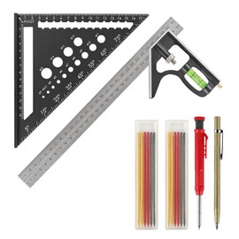 Carpenter Square Set, Set Square Tool incl 12inch/300mm Combination Square with Spirit Level, Speed/Rafter Square 180mm/7inch, Carpenter Pencil with 12 Refills & Carbide Scribe - for Measure Mark