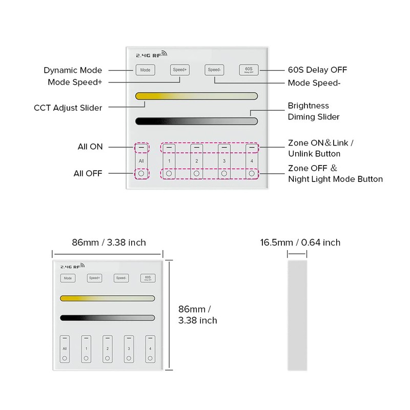 BTF-LIGHTING Wireless 2.4G RF 4 Zone Single Color Wall Mounted