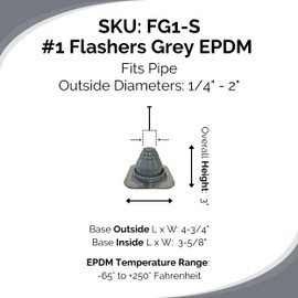 Flashers #1 Grey EPDM Square Base Flexible Roof Jack Pipe Boot Metal Roofing Pipe Flashing (Pipe OD 1/4" to 2") - 100% Made in The USA