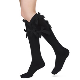 Benefeet Sox Black Knee High Socks with Bows Cute Cotton Knee High Stockings for Women Girls Long Tube Calf Lolita Socks Halloween Cosplay Costume