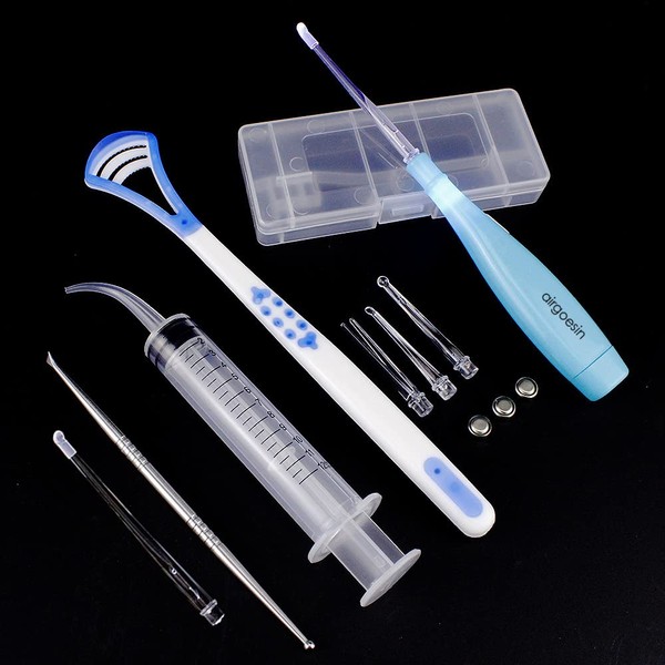 Airgoesin Professional Tonsil Stone Remover Tool LED Light (Blue) | Stainless Steel Extract Throat Stones Oral Care | Irrigation Syringe | Tongue Cleaner Scraper