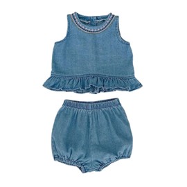 HOOLCHEAN Baby Infant Girls Soft Denim Sweet Sleeveless Ruffle Hem T-shirt Dress and Shorts Set, 90: 18-24 Months