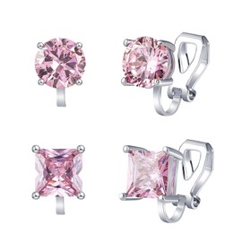 QUKE 2 Pairs Clip On Earrings for Women Girls Light Pink Cubic Zirconia Pink Crystal Non Pierced Clip Earrings Silver Tone