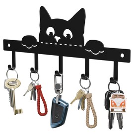 OriwarE Key Holder, Key Rack with 5 Hooks, Key Holder, Black, Suitable for Entrance Area and Living Room (Cat Design)