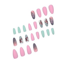 Pink&Green Press on Nails Medium Almond Fake Nails Ombre False Nails Spring Pink Butterfly Flowers Full Cover Stick on Nails Acrylic Cute Artificial Frosted Nails for Women Glue on Nails 24 Pcs