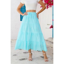 Love Welove Fashion Women's Boho Maxi Skirt - 100% Cotton Embroidered Eyelet, Flowy Tiered A-Line, Elastic Waist, Summer Beach Long Skirt Aqua Blue