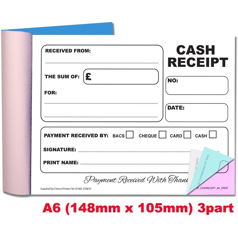 Cherry Carbonless (NCR) Cash Receipt Triplicate A6 50 Sets Perfect