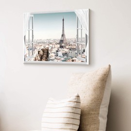 WALLSUP DECOR Eiffel Tower Art Canvas Picture - Paris Cityscape Painting Fake Window View Artwork Blue Modern City Wall Print for Bathroom Bedroom Office