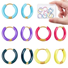 DICOSMETIC 5 Pairs Small Enamel Hoop Earrings Colourful Huggie Hoop Earrings 16 mm Stainless Steel Huggie Hoop Earrings Cute Statement Earrings for Women Jewellery
