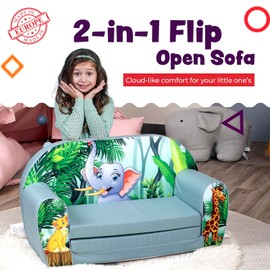 Delsit Toddler Sofa & Kids Couch - 2 in 1 Foldable Soft, Comfy Couch & Furniture with Washable Cover - Durable & Lightweight Design - Perfect for Playrooms, Bedrooms & Nurseries | (Adorable Elephant)