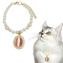 Teumessian Pearl Cat Collar Dog Adjustable Necklaces for Small Dogs Cats Chihuahua Beaded Dog Collar,Pink,XS