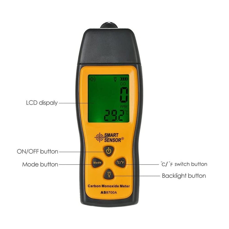 AS8700A Carbon Monoxide Meter,SMART SENSOR CO Meter,1000ppm CO Analyzer,Digital CO
