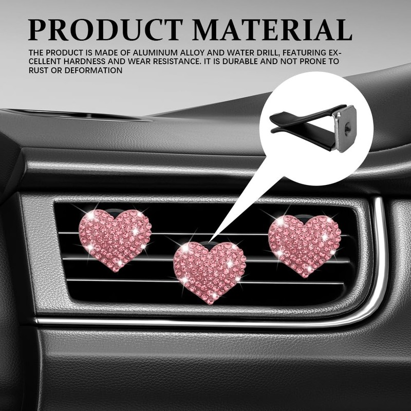 4PCS Heart-Shaped Car Vent Clips with Rhinestone, Automotive Air Fresheners