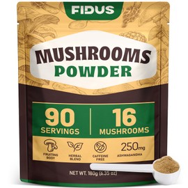 Fidus Functional Mushroom Mix | 16 Mushroom Blend with 17300mg Adaptogens | Lions Mane, Ashwagandha, Reishi | Focus & Energy Support | Vegan, 90 Servings
