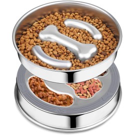Small Dog/Puppy Slow Feeder, Stainless Steel Feeding Bowl with Unique Bone Design for Slower Eating Non-Slip Base