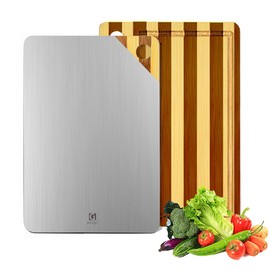 Titanium Cutting Board for Kitchen, Double Sided Cutting Board, Pure Titanium and Natural Bamboo, with Deep Juice Grooves, Large Size 15.6”×11”
