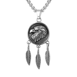 Eagle Necklace for Men, Feather Tassel Necklace, Stainless Steel Eagle Head Pendant Necklace with 23.6"Chain, Vintage Hawk Pendant, Leaf Necklace, Viking Animal Necklace Jewelry Gift for Men Boys