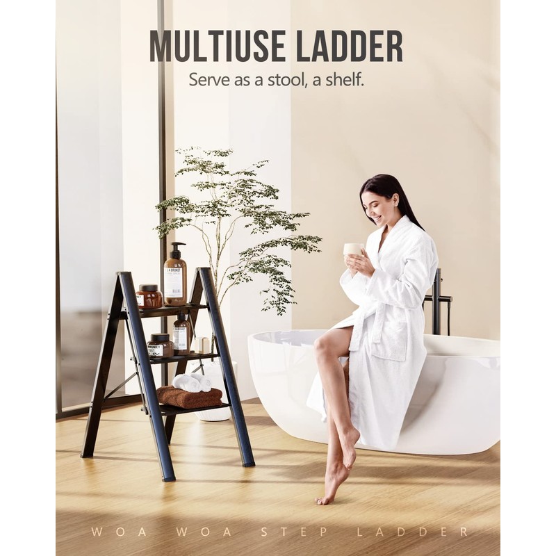 WOA WOA 3 Step Ladder, Foldable Step Stool, Lightweight Ladder