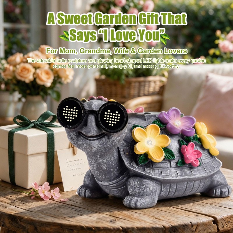 Solar Garden Outdoor Turtle Statue with Sunglasses and Flower LED