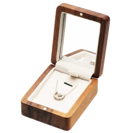 COSISO Vintage Natural Walnut Wood Necklace Box with Mirror Inside,Pendant Storage Case Jewelry Display Box for Anniversary Propose Christmas