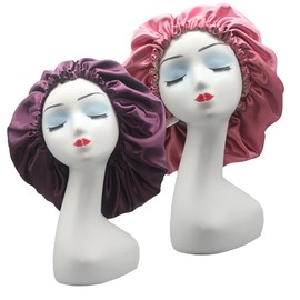 Gorro de dormir de satén, gorra de satén ajustable, gorro de seda, gorro de baño reutilizable para dormir de noche, reversible, doble capa, paquete de 2 (rosa + pavo real)