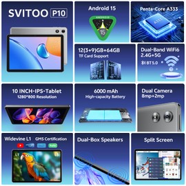 SVITOO Android Tablet 10 Inch, 2025 Android 15 Tablet for Kids Adults, 12GB RAM 64GB Storage 1TB Expandable, Dual Cameras 8MP 2MP, Split Screen, 6000mAh Dual Speakers Face Unlock WiFi
