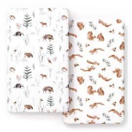 Stretch Ultra Soft Jersey Knit Fitted Crib Sheets Set 2 Pack，Fit All Standard Crib Mattress Pads Safe and Snug, Crib Fitted Sheet for Baby, Cute Jungle Squirrels and Animals