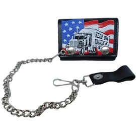 Keep On Truck'n USA Flag Mack Truck Genuine Leather Wallet With Chain (4 inch)