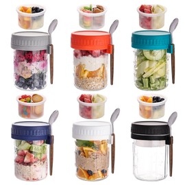 6 Pack Overnight Oats Containers with Lids and Spoons, 16 OZ Glass Mason Jars with Removable Separate Compartments, Airtight Leak Proof Oatmeal Container for Chia Pudding, Yogurt, Milk, Cereal, Fruit