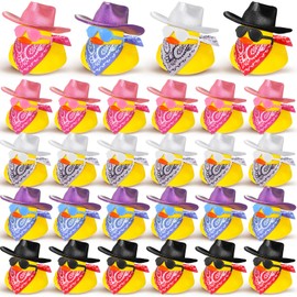 Hanaive 24sets Disco Cowboy Rubber Duck with Light up Mini Holographic Space Hat Scarf Sunglasses Cute Bath Rubber Duck Bathtub Accessories Toy for Baby Shower Birthday Doll Gift Decor (Bright Neon)