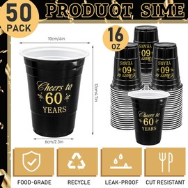 50 Pcs Cheers to 60th Years Birthday Cups, Birthday Party Cups 16 oz Disposable Plastic Cups Gold Black Birthday Hot Cold Drinks Cups for Wedding Anniversary Supplies(60 Years)