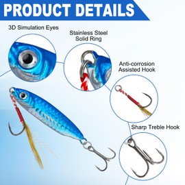 Saltwater Jigs Fishing Lures, 5pcs Fishing Jigs Metal Jigging Spoon Lures Saltwater Jigging Lures with Assist Hook and Treble Hook Trolling Spoon for Bass Trout Tuna Salmon 20g