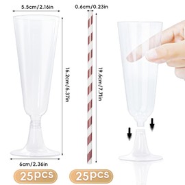 LUCKNIGHT 25 Stück Sektgläser Plastik, 160 ml/5.6 oz Sektgläser Kunststoff Wiederverwendbare, mit Papierstrohhalmen, Champagner Gläser Plastik für Geburtstag Hochzeit, Feier Versammlungen, Transparent