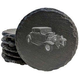 1932 Chevy Hot Rod: Laser-Etched Coasters for Gearheads - Round Slate - set of 4