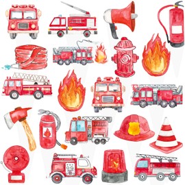 48Pcs Firefighter Theme Cupcake Toppers Fire Truck and Emergency Equipment Design Cupcake Toppers for Firetruck Firefighter Theme Birthday Party Fireman Baby Shower Supplies