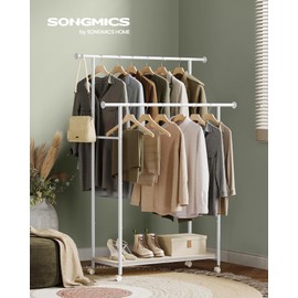 SONGMICS Double-Rod Clothes Rack with Wheels, 38.8 Inches Garment Rack with Shelf for Hanging Clothes, Loads up to 220 lb, for Bedroom, Closet, Natural Beige and Cloud White UHSR152W01