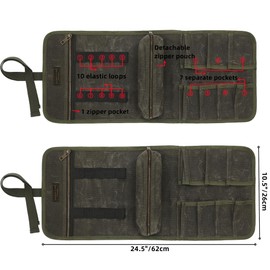 Waxed Canvas Multi-Purpose Waterpoof Tool Organizer Bags, Portable Carry On Pouch with 1 Small Detachable Tool pouch and 1 Zipper Pockets, 24.5" X 10.5"|ArmyGreen